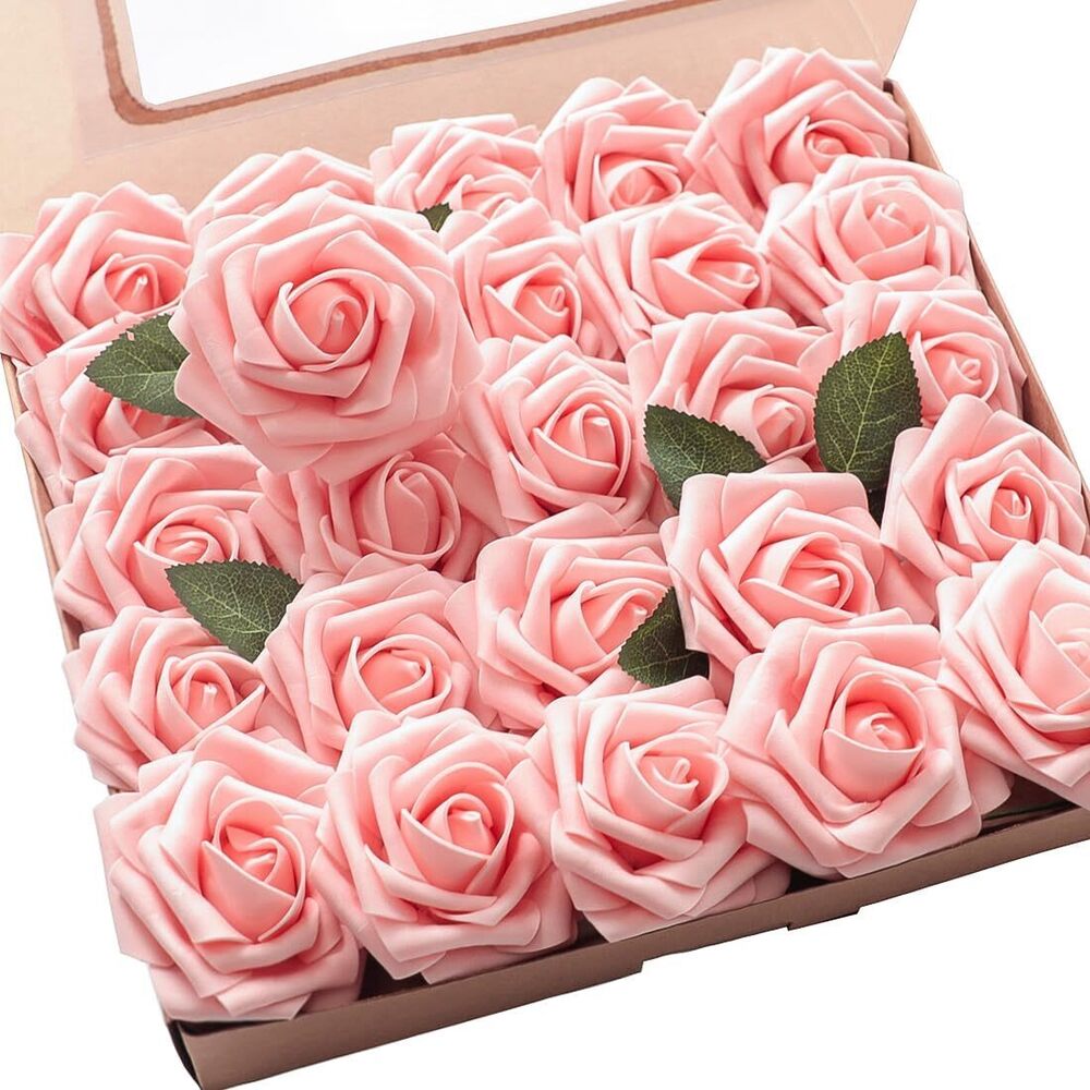 2430 Artificial Flowers 50pcs Real Looking Peach Pink Foam Roses with Stems